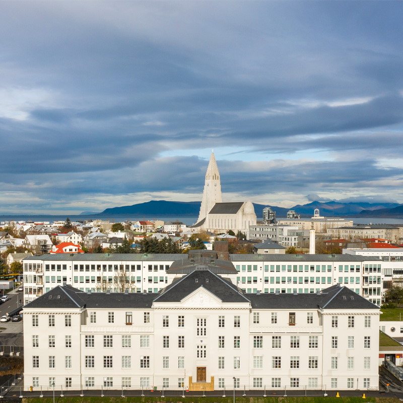 Aerial view of Landspítali hospital in Reykjavík with Hallgrímskirkja in background